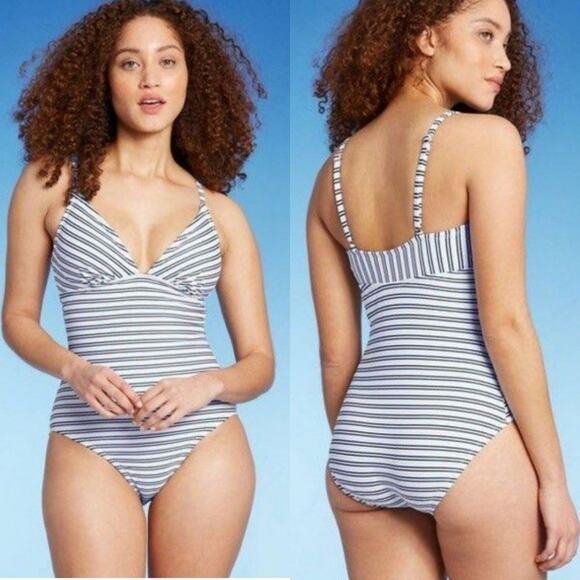 Kona Sol Size L Women's Triangle High Coverage One Piece Swimsuit  Navy White - Picture 1 of 12